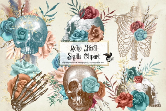 Boho Floral Skulls Clipart Designs