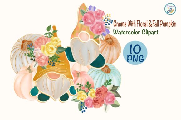 The Charm of Watercolor Gnome Art with Floral Pumpkins